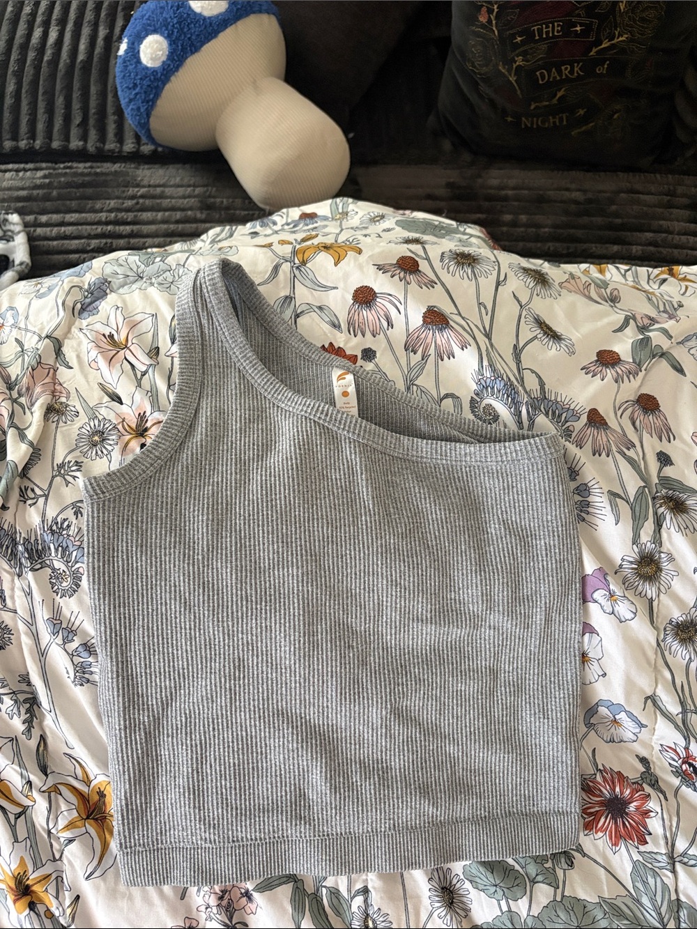 Ribbed One-Shoulder Crop Tank Top - Light Gray